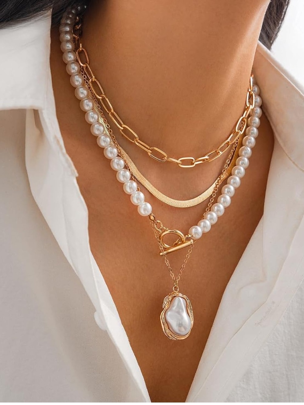 NewGold & White Layered Pearl Pendant Necklace